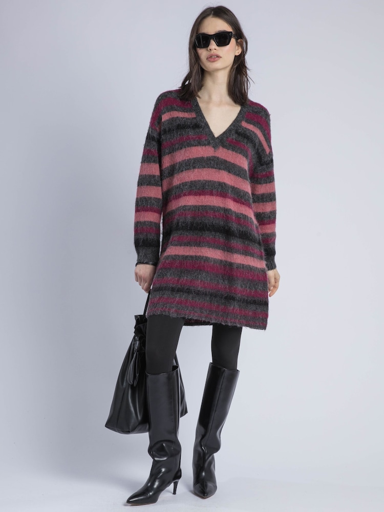 Religion Grey Saint Jumper V-Neck Jumper Dress in Multistripe - Image 2 of 6 Religion Grey Saint Jumper V-Neck Jumper Dress in Multistripe - Image 2 of 6