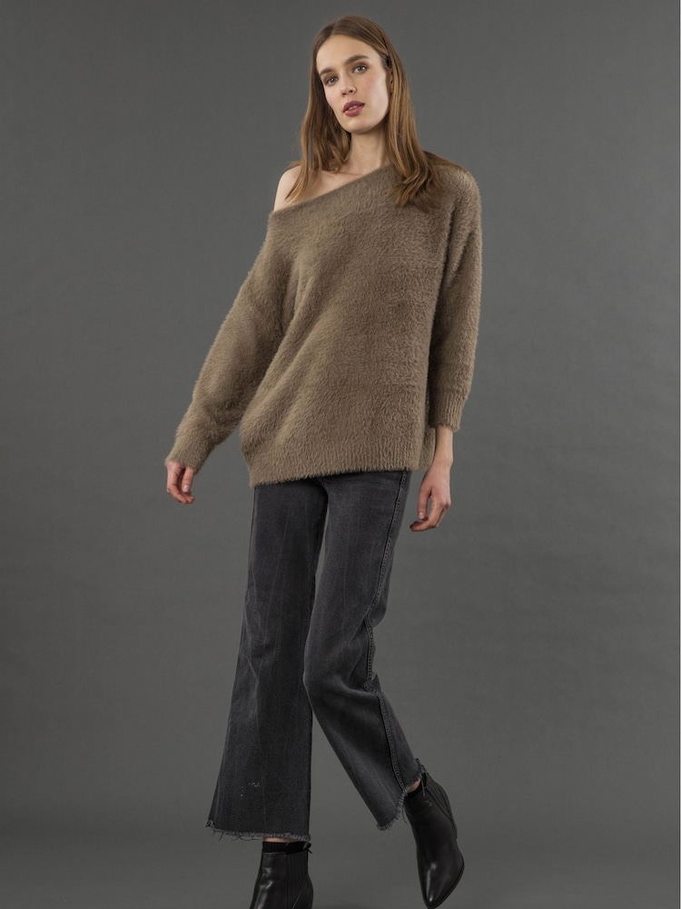 Religion Brown Iris Off The Shoulder Jumper In Super Soft Fluffy Yarn - Image 6 of 6