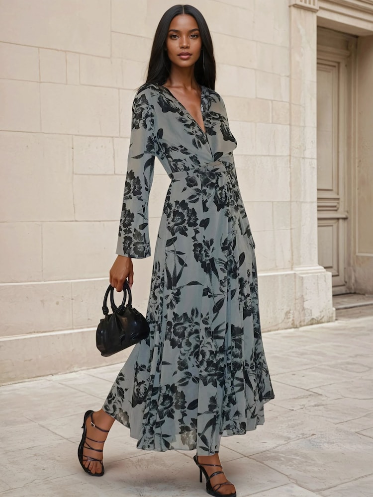Religion Brown Flash Maxi 2 Way Wrap Maxi Dress In Black Floral On Georgette - Image 1 of 6 Religion Brown Flash Maxi 2 Way Wrap Maxi Dress In Black Floral On Georgette - Image 1 of 6