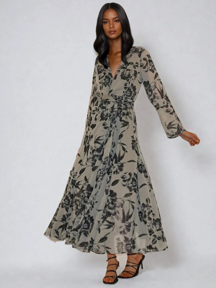 Religion Brown Flash Maxi 2 Way Wrap Maxi Dress In Black Floral On Georgette - Image 2 of 6 Religion Brown Flash Maxi 2 Way Wrap Maxi Dress In Black Floral On Georgette - Image 2 of 6