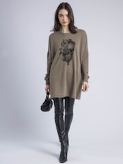 Religion Brown Flora Sweat Tunic Dress With Water Colour Skull Graphic - Image 3 of 6