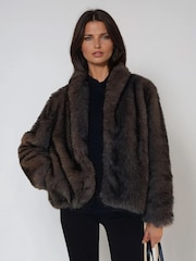 Religion Brown Short Luna Faux Fur Coat In Lush And Lux Black Brown Fur - Image 3 of 6