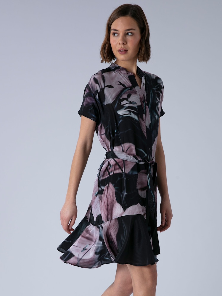 Religion Black Florence Tunic Shirt Dress With Frill Hem And Tie Waist In Large Dark Floral - Image 8 of 8