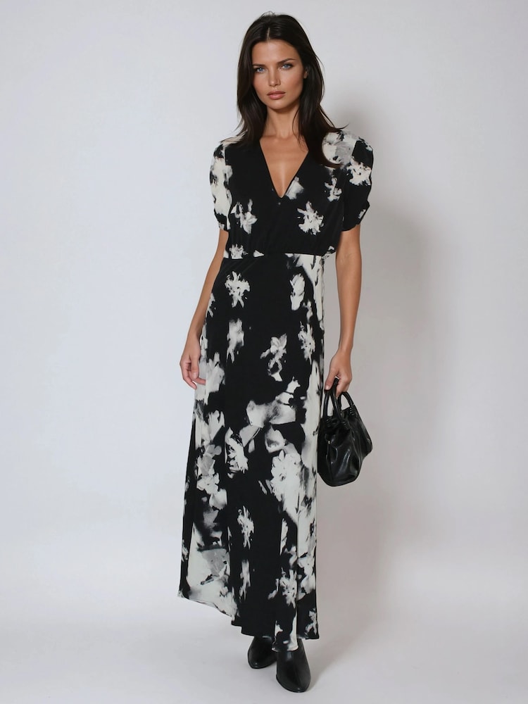 Religion Black Isabel Maxi Tea Dress In Abstract Monochrome Floral Print - Image 2 of 5