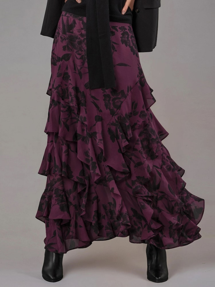 Religion Purple Scarlet Ruffle Maxi Skirt in Dark Red Floral Georgette - Image 2 of 5
