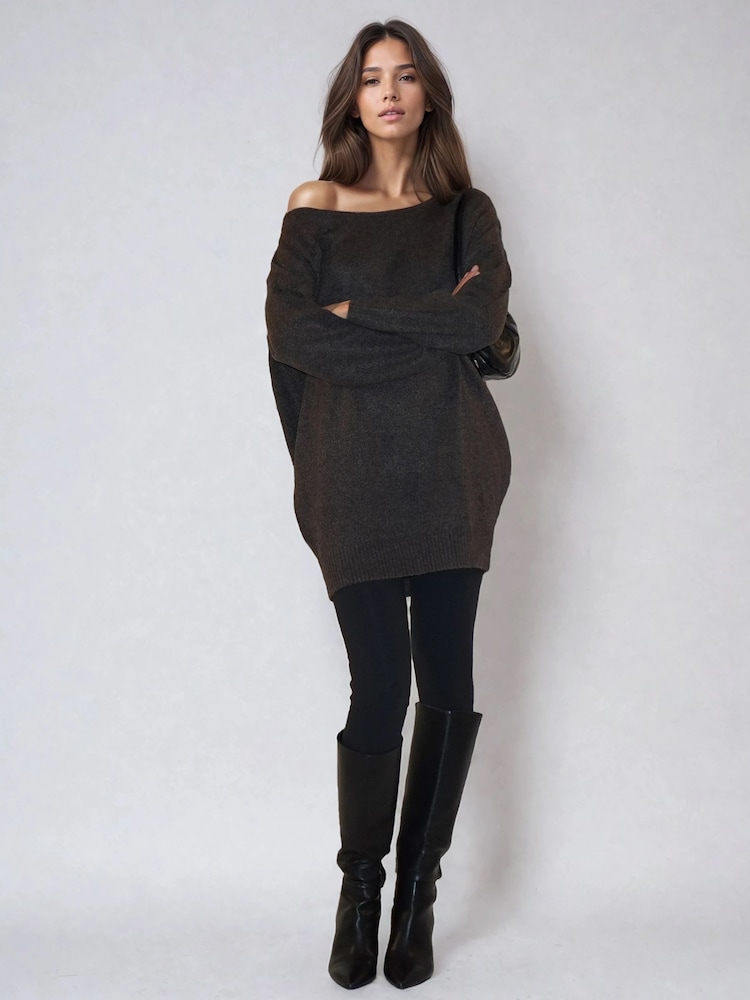 Religion Brown Off The Shoulder Knitted Nebula Dress In Soft Wool Mix - Image 2 of 6 Religion Brown Off The Shoulder Knitted Nebula Dress In Soft Wool Mix - Image 2 of 6