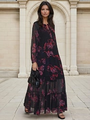 Religion Red Zoe Tiered Maxi Boho Dress With Tiered Skirt In Dark Floral - Image 1 of 6