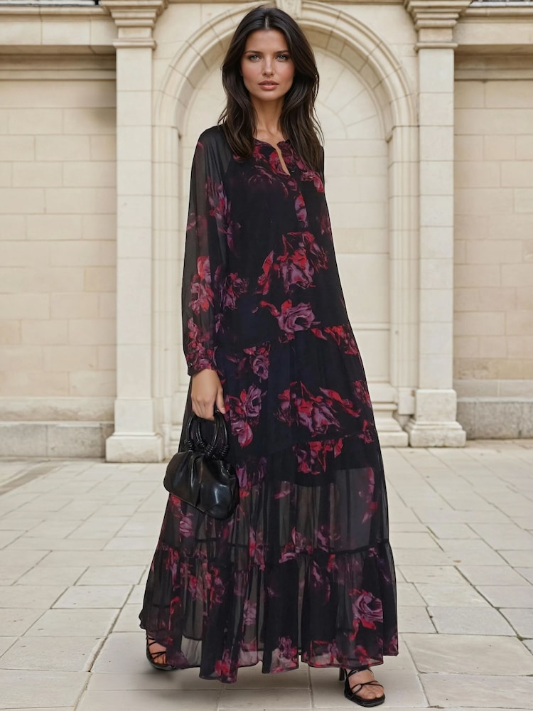 Religion Red Zoe Tiered Maxi Boho Dress With Tiered Skirt In Dark Floral - Image 1 of 6