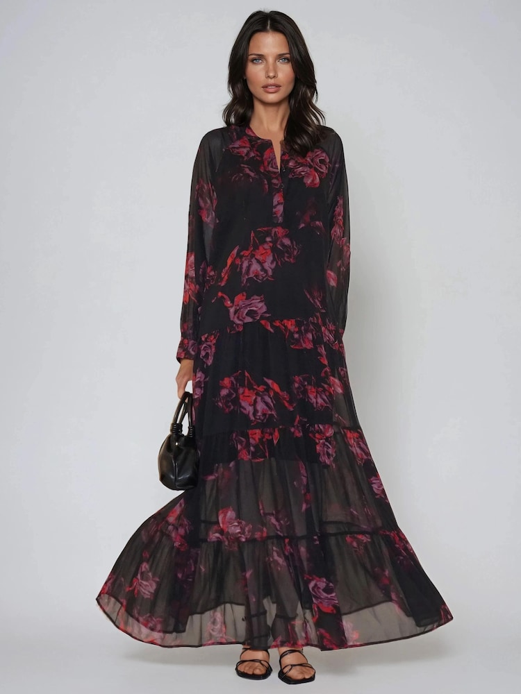 Religion Red Zoe Tiered Maxi Boho Dress With Tiered Skirt In Dark Floral - Image 2 of 6