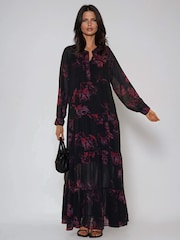 Religion Red Zoe Tiered Maxi Boho Dress With Tiered Skirt In Dark Floral - Image 3 of 6