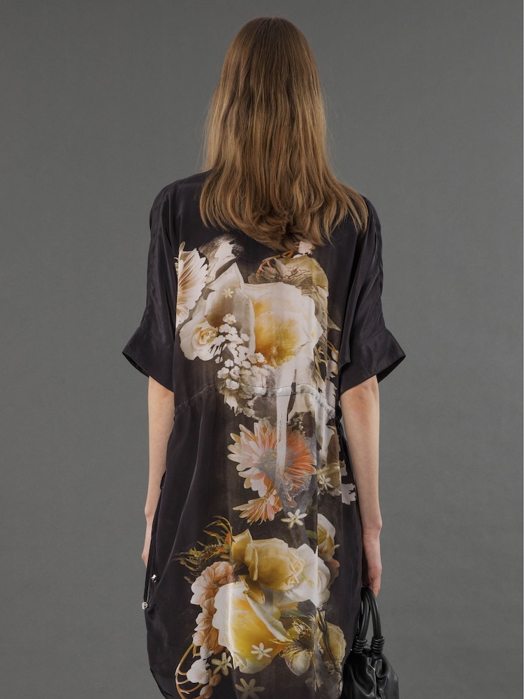 Religion Black Lola Oversized Tunic Dress With Tie Waist In Large Floral Placement Print - Image 4 of 4 Religion Black Lola Oversized Tunic Dress With Tie Waist In Large Floral Placement Print - Image 4 of 4