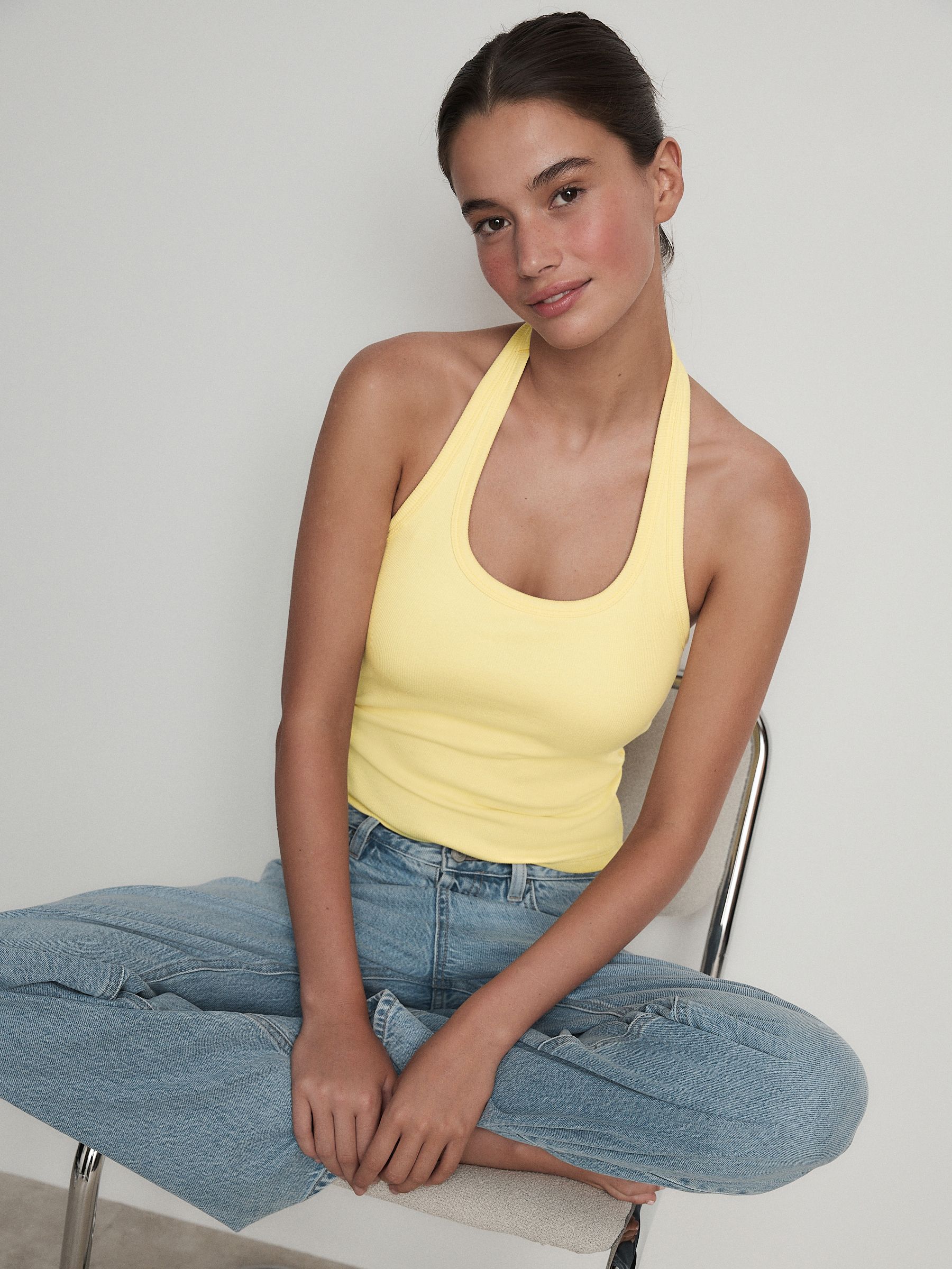 Buy Butter Yellow Hidden Support Cotton Rib Halter Neck Bra Top