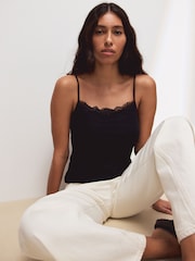 Black Lace Trim Cami Top With Linen - Image 3 of 6