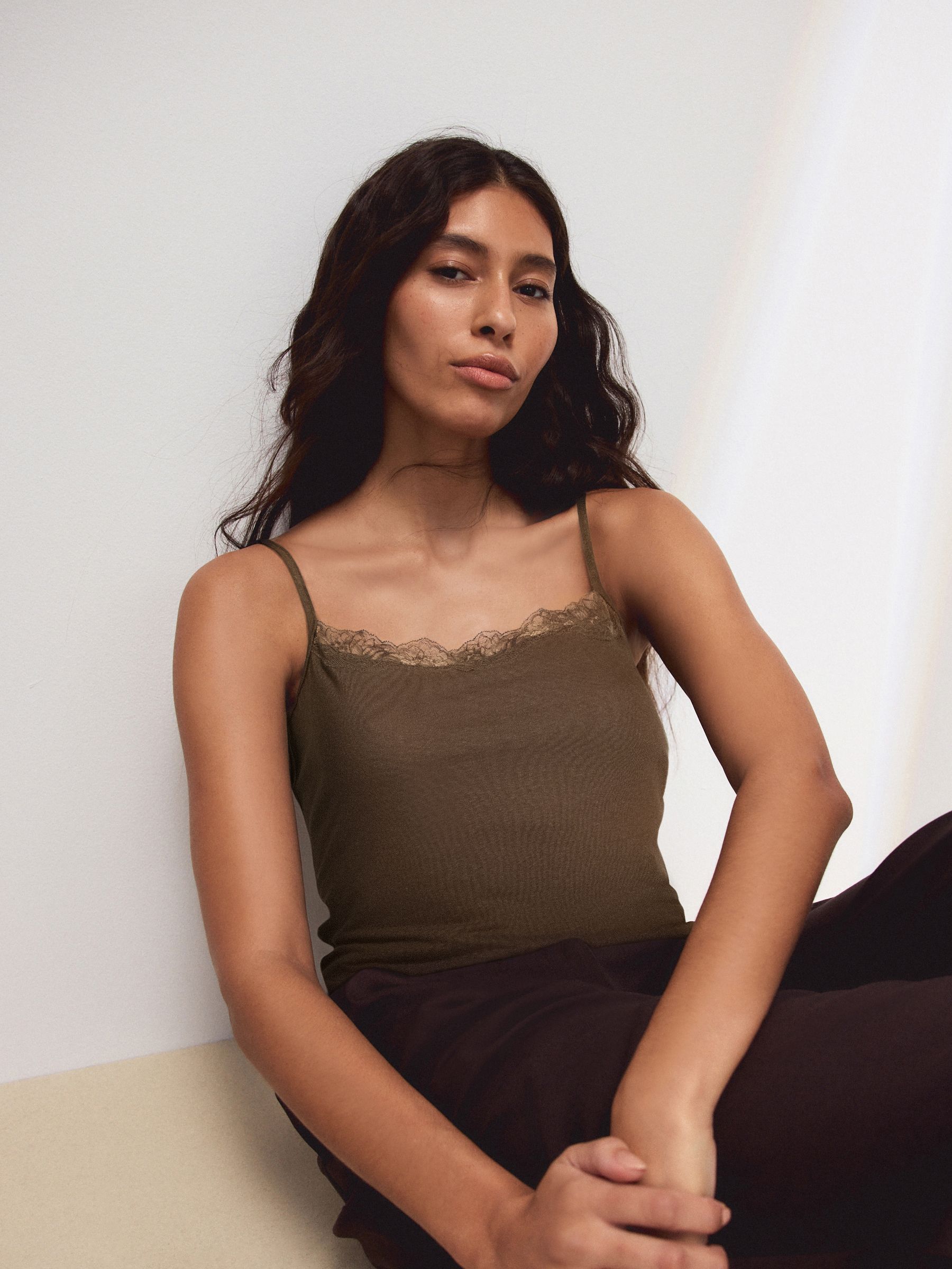 Buy Chocolate Brown Lace Trim Cami Top With Linen from Next Ukraine