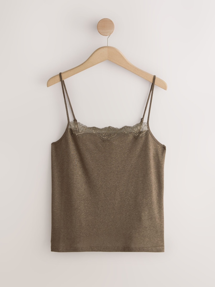 Chocolate Brown Lace Trim Cami Top With Linen - Image 1 of 3 Chocolate Brown Lace Trim Cami Top With Linen - Image 1 of 3