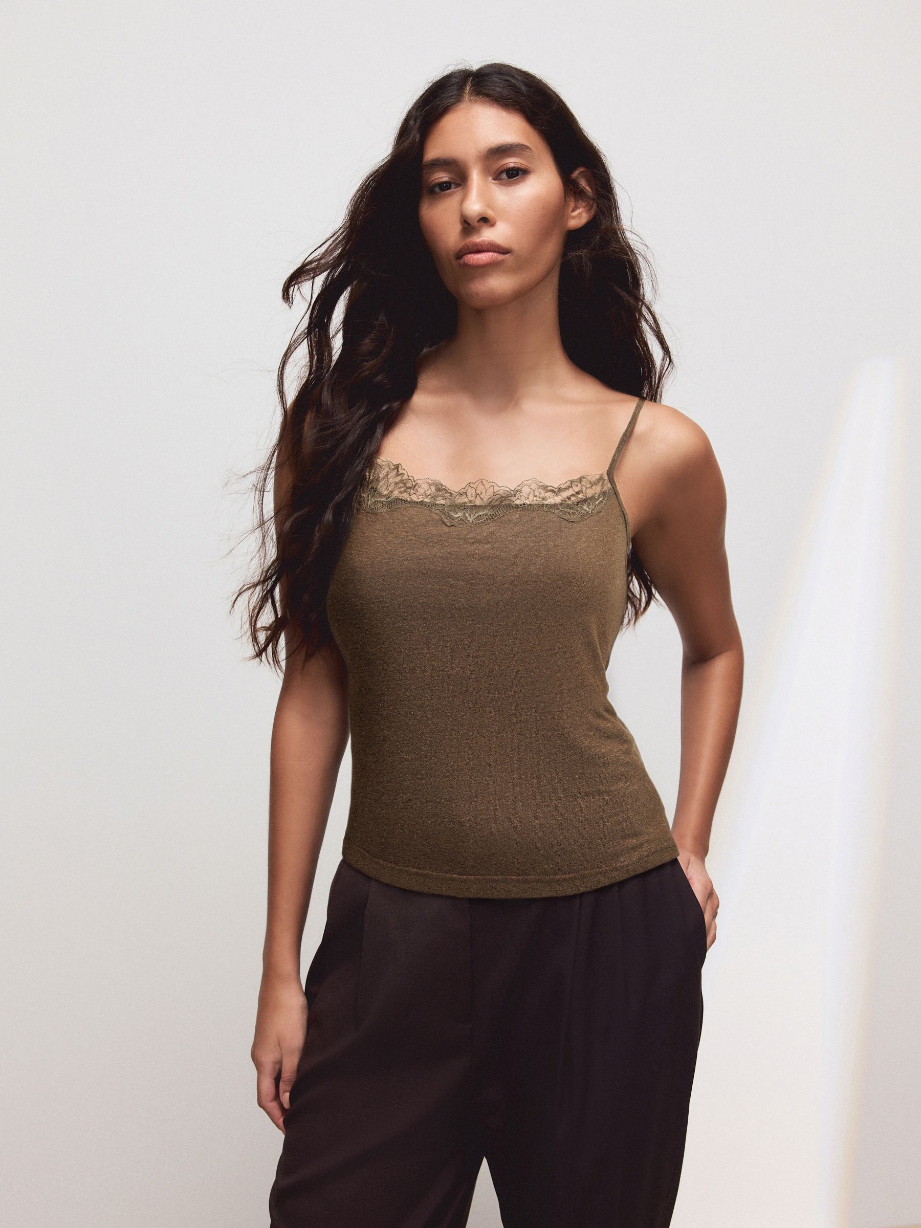 Buy Chocolate Brown Lace Trim Cami Top With Linen from Next Ukraine