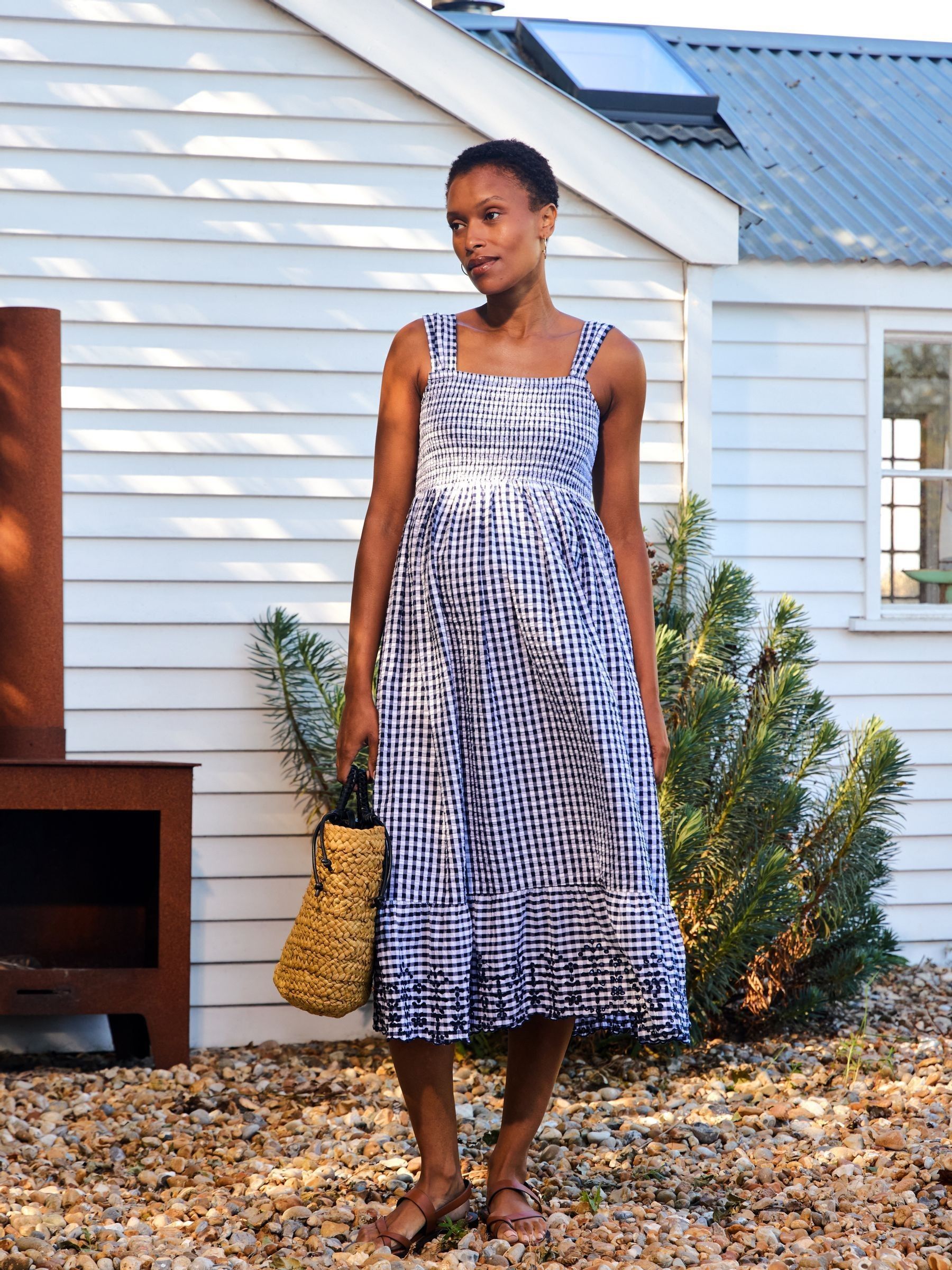 Jojo Maman Bébé Women's Navy Blue Shirring Gingham Maternity Midi Dress