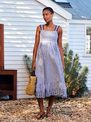 JoJo Maman Bébé Navy Blue Shirring Gingham Maternity Midi Dress - Image 1 of 1