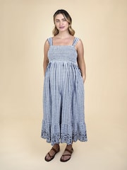 JoJo Maman Bébé Navy Blue Shirring Gingham Maternity Midi Dress - Image 2 of 7