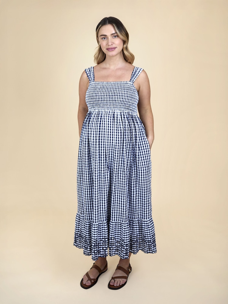 JoJo Maman Bébé Navy Blue Shirring Gingham Maternity Midi Dress - Image 2 of 7