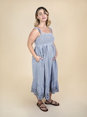 JoJo Maman Bébé Navy Blue Shirring Gingham Maternity Midi Dress - Image 3 of 7