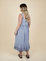 JoJo Maman Bébé Navy Blue Shirring Gingham Maternity Midi Dress - Image 4 of 7