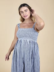 JoJo Maman Bébé Navy Blue Shirring Gingham Maternity Midi Dress - Image 5 of 7