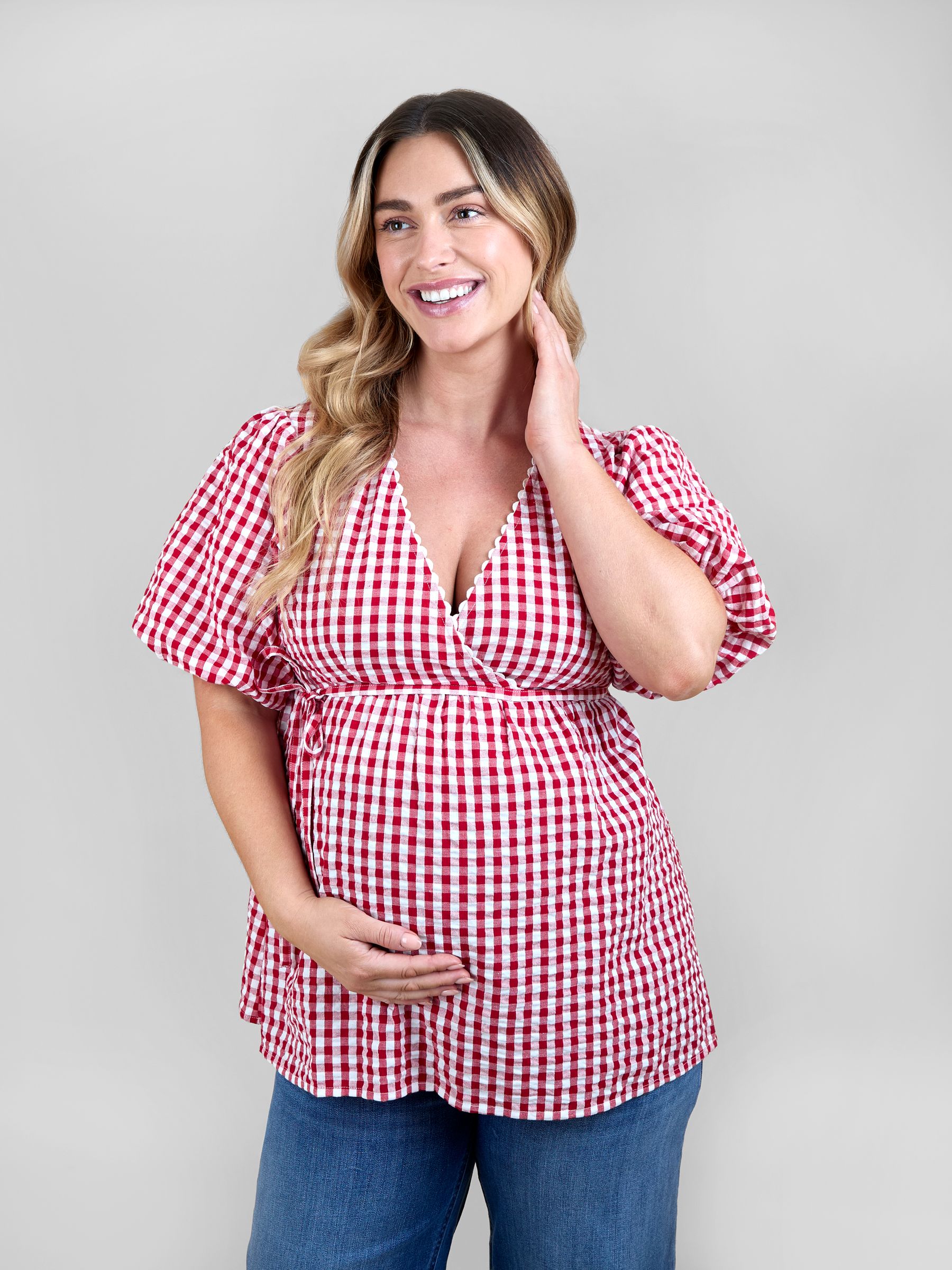 Jojo Maman Bébé Women's Red Gingham Puff Sleeve Wrap Maternity Top