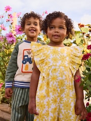 JoJo Maman Bébé Yellow Daisy Seersucker Frill Sleeve Jumpsuit - Image 1 of 1