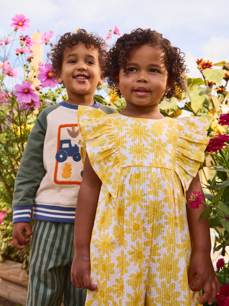 JoJo Maman Bébé Yellow Daisy Seersucker Frill Sleeve Jumpsuit - Image 1 of 1