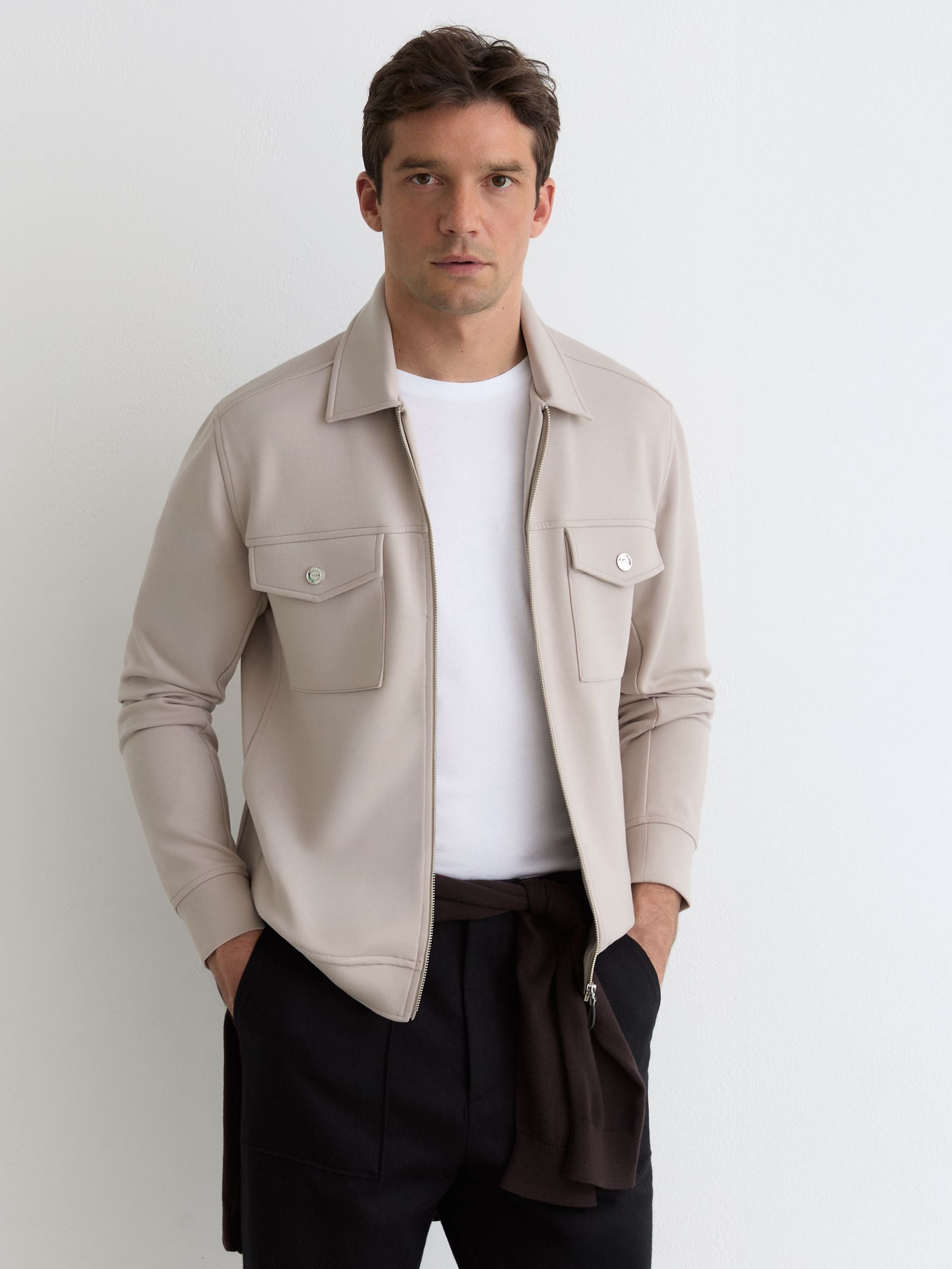 Buy Reiss Stone Medina Premium Interlock Zip-Through Overshirt