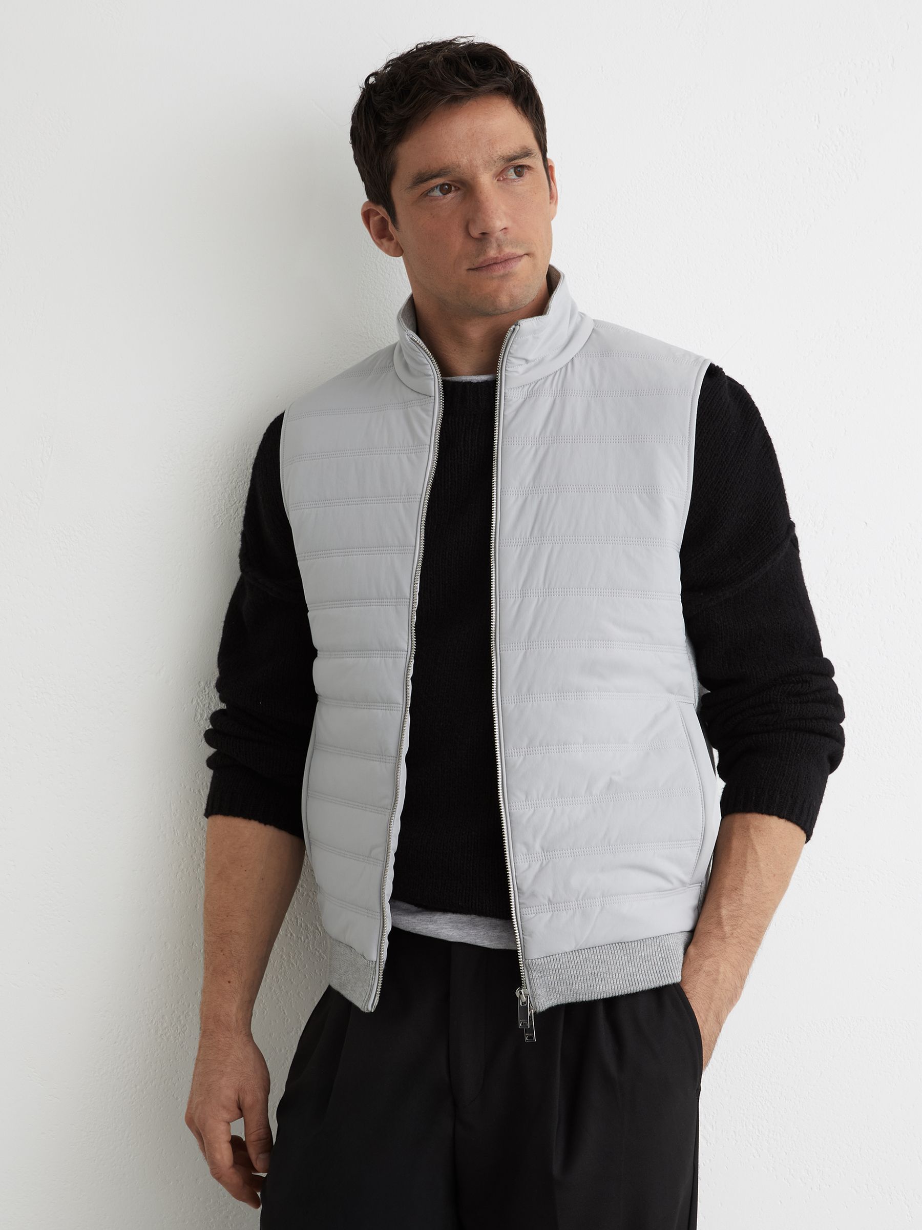 Buy Reiss Soft Grey Newford Funnel-Neck Quilted Knit Gilet from