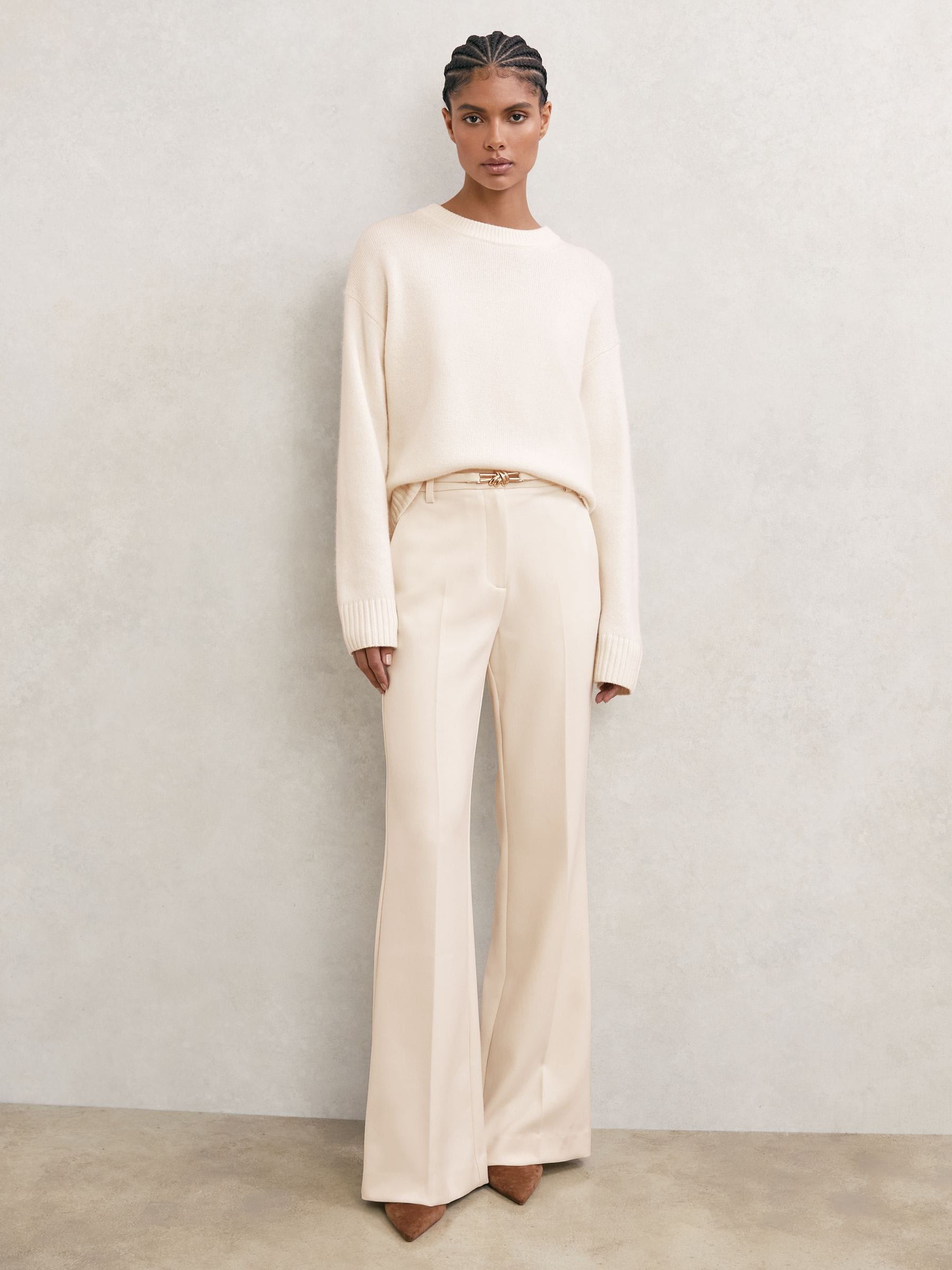 Buy Reiss Cream Leona Petite Flared Knot-Hardware Belted Trousers