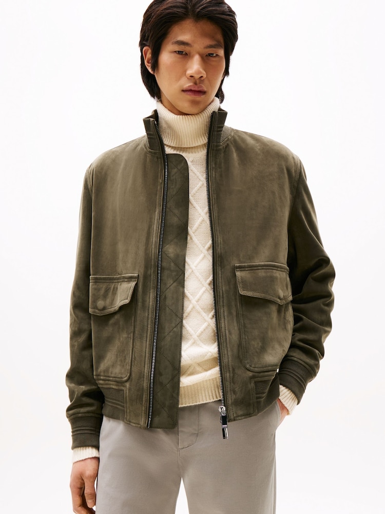 Tommy Hilfiger Green Smart Casual Zip-Thru Leather Jacket - Image 1 of 5 Tommy Hilfiger Green Smart Casual Zip-Thru Leather Jacket - Image 1 of 5