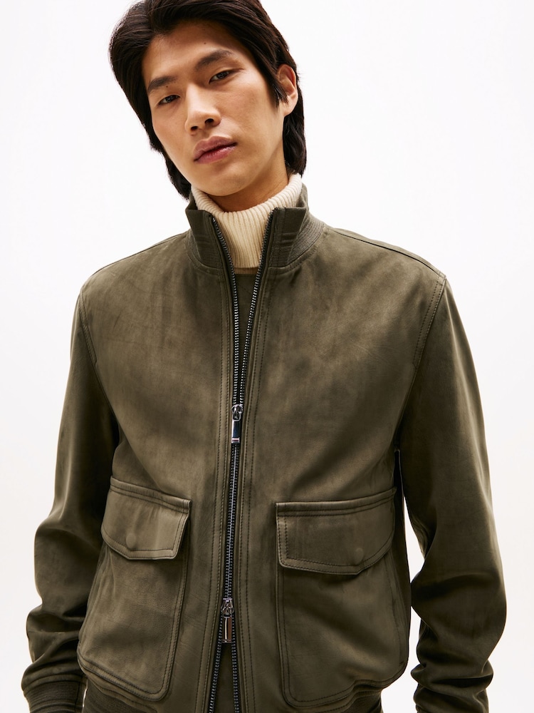 Tommy Hilfiger Green Smart Casual Zip-Thru Leather Jacket - Image 2 of 5 Tommy Hilfiger Green Smart Casual Zip-Thru Leather Jacket - Image 2 of 5