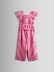 JoJo Maman Bébé Bright Pink Stripe Floral Embroidered Gathered Blouse & Trouser Set - Image 1 of 5