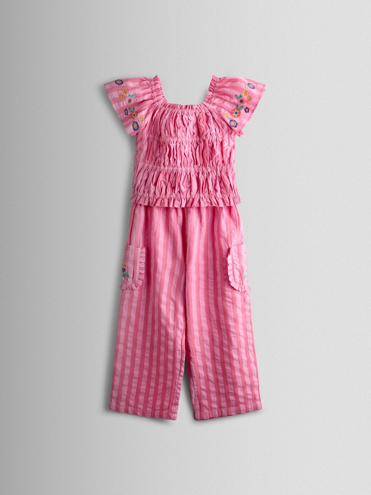 JoJo Maman Bébé Bright Pink Stripe Floral Embroidered Gathered Blouse & Trouser Set - Image 1 of 5 JoJo Maman Bébé Bright Pink Stripe Floral Embroidered Gathered Blouse & Trouser Set - Image 1 of 5