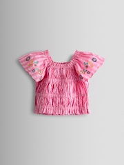 JoJo Maman Bébé Bright Pink Stripe Floral Embroidered Gathered Blouse & Trouser Set - Image 2 of 5