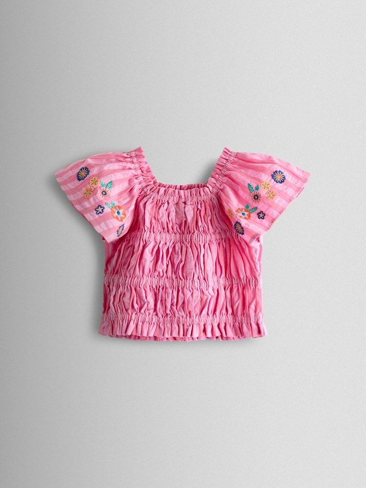 JoJo Maman Bébé Bright Pink Stripe Floral Embroidered Gathered Blouse & Trouser Set - Image 2 of 5 JoJo Maman Bébé Bright Pink Stripe Floral Embroidered Gathered Blouse & Trouser Set - Image 2 of 5