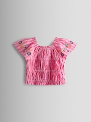 JoJo Maman Bébé Bright Pink Stripe Floral Embroidered Gathered Blouse & Trouser Set - Image 3 of 5