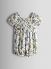 JoJo Maman Bébé Cream Floral Cheesecloth Smocked Bodice Baby Jumpsuit - Image 2 of 3