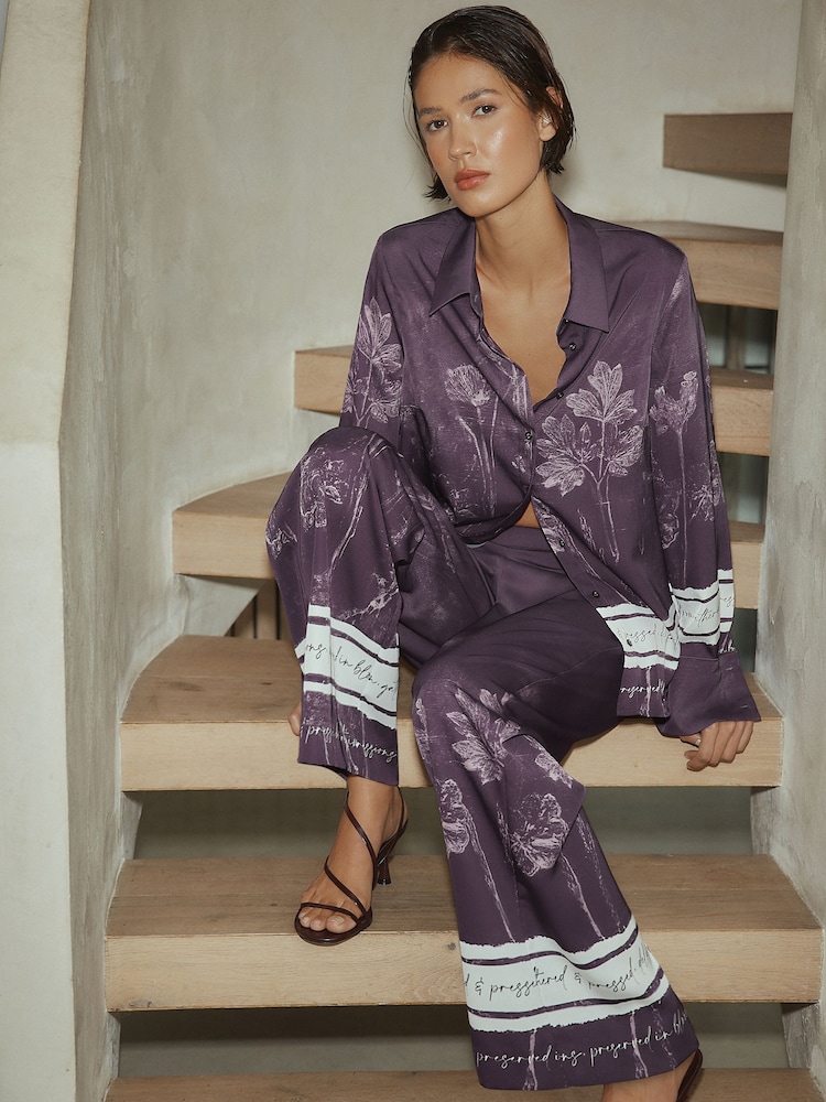 Purple Floral Border Print Long Sleeve Shirt - Image 1 of 8 Purple Floral Border Print Long Sleeve Shirt - Image 1 of 8