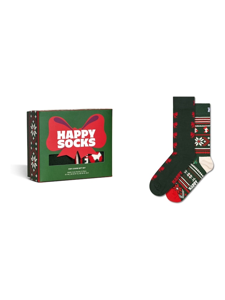 Happy Socks Green 2 Pack Knit And Bow Socks Gift Set - Image 1 of 5 Happy Socks Green 2 Pack Knit And Bow Socks Gift Set - Image 1 of 5