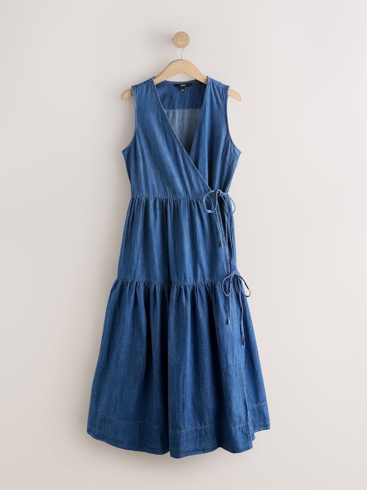 Mid Blue Denim Tiered Maxi Wrap Dress - Image 1 of 3 Mid Blue Denim Tiered Maxi Wrap Dress - Image 1 of 3