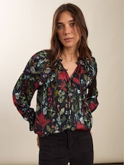Bauk Jasmine Printed Tie Neck Satin Botanical Print Black Blouse - Imagen 2 de 4