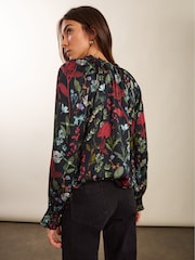 Bauk Jasmine Printed Tie Neck Satin Botanical Print Black Blouse - Imagen 3 de 4