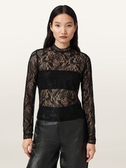 AllSaints Black Aria Lace Top - Image 1 of 6