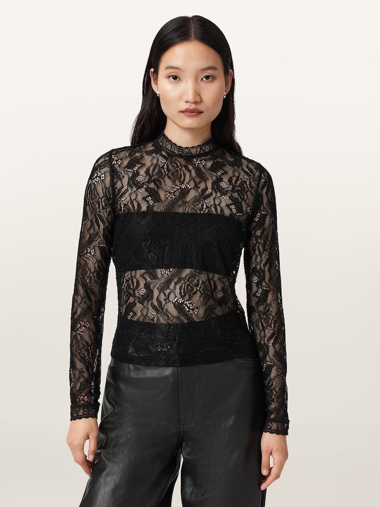 AllSaints Black Aria Lace Top - Image 1 of 6