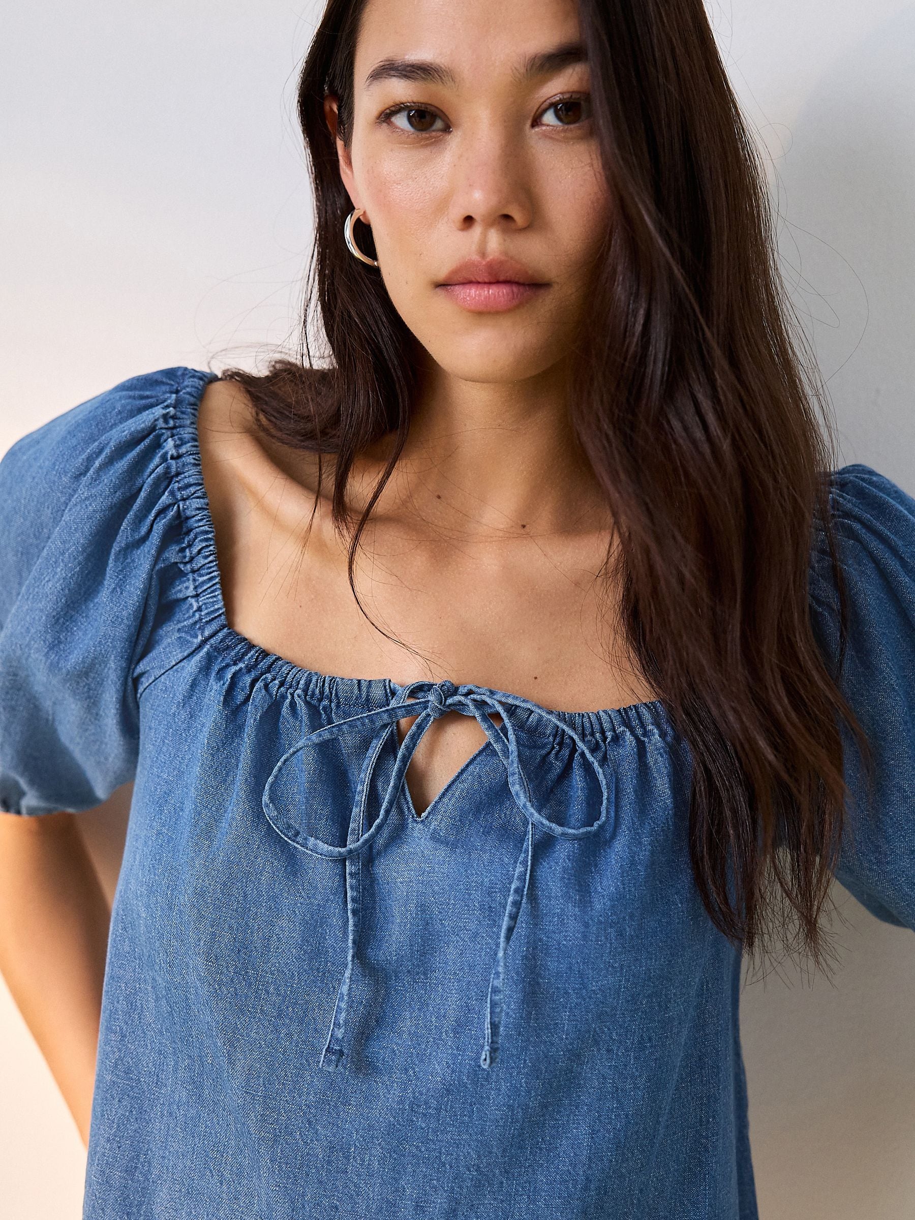 Buy Mid Blue Puff Sleeve Lightweight Denim Top from Next USA
