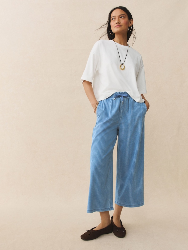 Mid Blue Striped Denim Jersey Wide Leg Cropped Joggers - Image 1 of 7